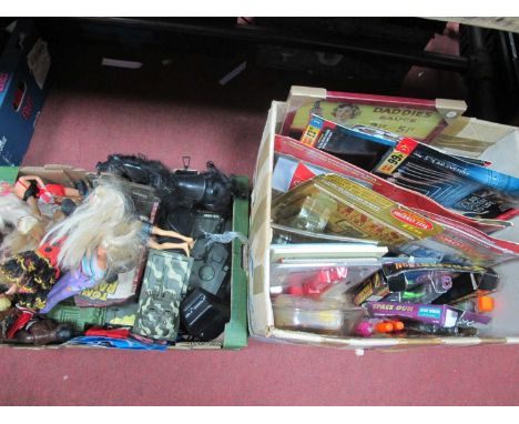 Mattel Plastic Dolls, some Barbie noted, model tanks, horse, space guns, solar system model packets, etc:- Two Boxes.