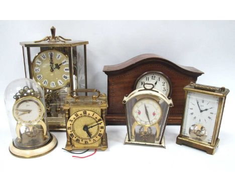 Kundo Hexagonal Brass Cased Anniversary Clock, Schatz eight-day clocks (x 3), Edwardian inlaid mahogany and carriage clocks (