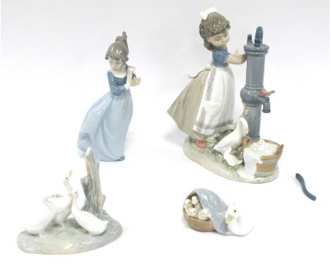 Lladro 'Water Pump Girl' Figure (Damaged), 'Goose Group', another by Nao and similar girl.
