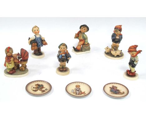 Hummel Figurines 'Brolly Boy', 'March Winds', Boy Arming Piglets, Clog and Bootmaker, two others (with adults) and three plaq