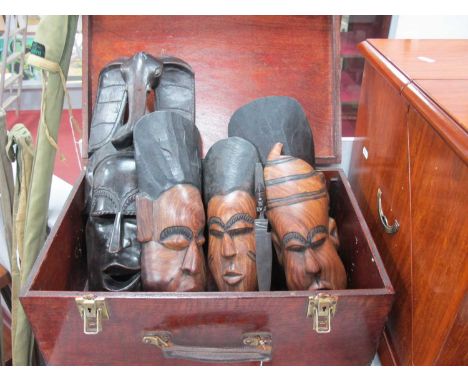 Carved African Masks, carved African spoon, fork, knife, in a wooden box