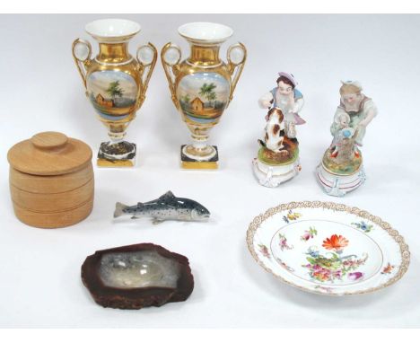 Dresden Hand Painted Dish, 18.5cm diameter, Copenhagen trout, XIX Century continental urns, bisque figurines (damages), miner