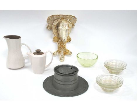 XIX Century Pottery Wall Bracket as a Racehorse Head in Horseshoe, in gream and gilt. Pewter inkstand, etc:- One Tray.