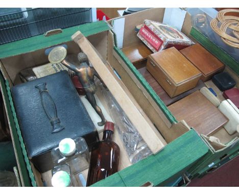 Victorian Leather Travel Box, vintage glass rubbing board, Domestos and Stephens ink bottles, metal warrior, boxes etc:- Two 