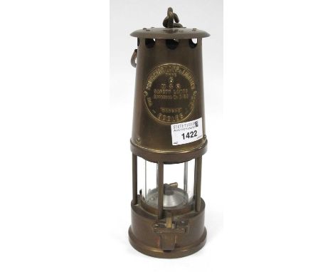 Brass Miners Lamp, Protector Lamp &amp; Lighting Co, Eccles, 24cm high with handle down.
