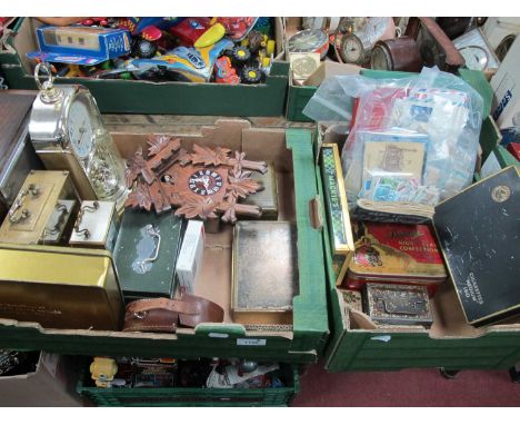 Acctim, Smith's Cuckoo and other clocks, vintage tins, boxes, quantity of stamps in albums and loose.