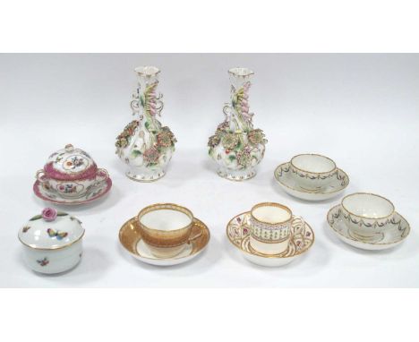 Pair of XIX Century Coalbrookdale Style Vases, 20.5cm high (damages), Dresden jar (dam) cover and saucer, Derby tea bowls, ja