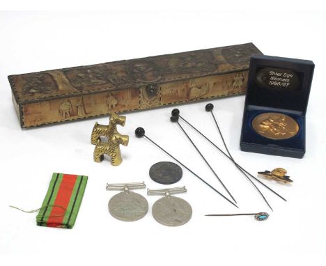 Lancashire Fusiliers Badge Defence Medal, silver Hovis medal, stick pins, etc in tin.
