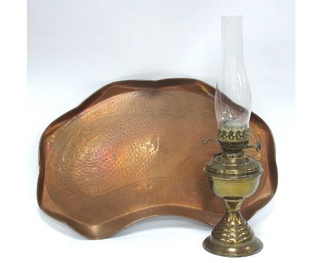 Art Nouveau Beaten Copper Tray, kidney shaped with wavy gallery, stylized foliage and sinuous branches, 56cm wide, brass oil 