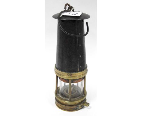 Miners Lamp Brass Based Stamped 580, Davis, Derby, 27cm tall with handle down.