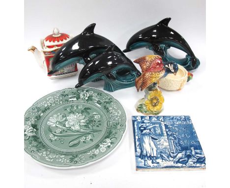 Josiah Wedgwood &amp; Sons 'August' blue and white tile, Clarice Cliff Celtic Harvest pot, three graduating Poole pottery dol
