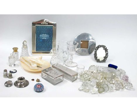Silver Inkwell (faults), scent bottles, mother-of-pearl caviar dish and spoons, XIX Century ale glass, stoppers, etc:- One Tr
