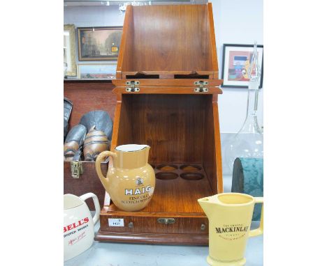 Table Top Six Bottle Box with a fold-over top, brass carrying handles, moulded edge with three whiskey advertising jugs, Bell