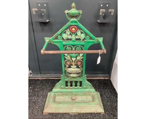 Cast Iron Stick Stand, green painted, with vase finial, open floral support, stepped base housing detachable drip well, Ref N