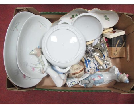 Three Spanish Clown Figurines, KPM dinnerware, Hors D'oeuvres, Crummles enamel box, Bader egg, cutlery and clippers.