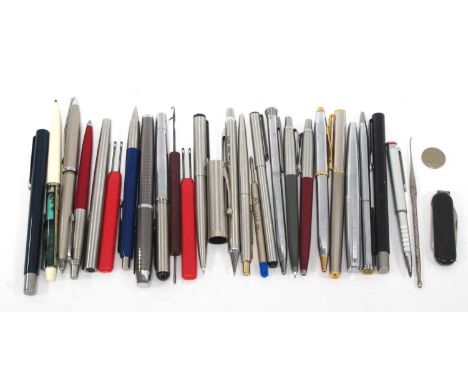A collection of Parker pens, many ballpoint examples, two in branded box, pocket knife etc. One Tray