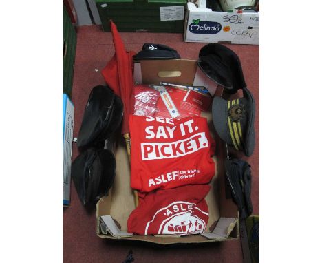 Railway interest; Railway conductors hats two with actionable Railway badges another with patch, red flag, aslef items etc. O