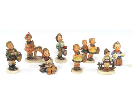 Hummel Figurines - 'Village Boy' 13cm tall, 'Happy Traveler', 'Friends', 'Sister', 'Pastime' and others (8).ALL GENERAL WEAR