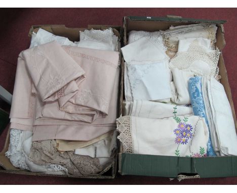Large Embroidered Pink Tablecloth 216 x 270cm, crocheted and other linens:- Two Boxes.