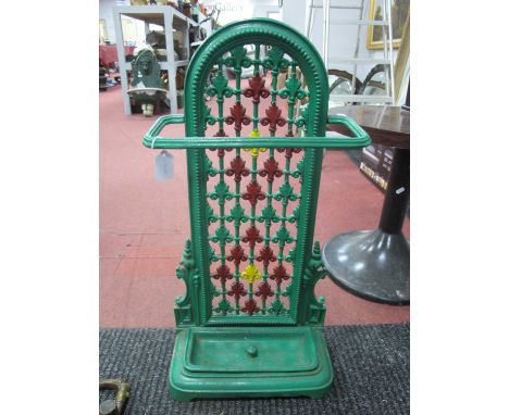 Cast Iron Stick Stand, green painted, with dome top, pierced Fleur De Lys back, detachable drip well, 72.5cm high,
