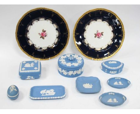 Pair Royal Worcester Hand Painted Plates, by W. Ley, Wedgwood jasper ware trinkets (x 8) in powder blue:- One Tray.