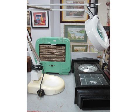 Angle Poise Lamp, vintage Creda electric fire with green enamel frontage, Wood's 15-day wall clock (3).