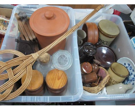 Stoneware and Terracotta Kitchen Jars, coffee pot, brass chambersticks, carved cockerel wall plaque, carpet beater, etc:- Two
