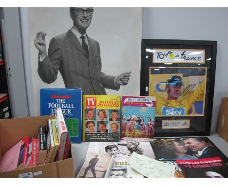 Music Books, Picturegoer annuals, Football books, signature noticed:-One Box. Bradley Wiggins signed print (all unverified), 