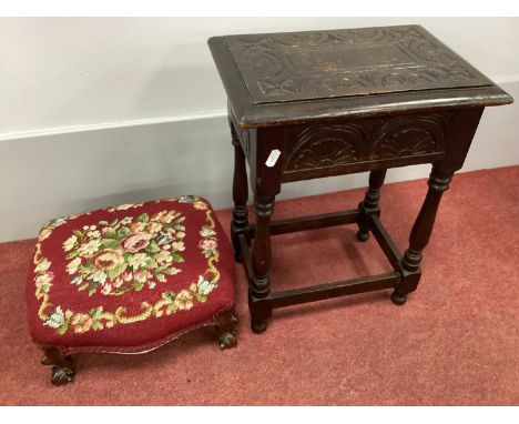 Oak Stool with Lift Up Lid and Half Wheel Carving, 45.5cm high, Mahogany footstool on squat cabriole legs, having tapestry to