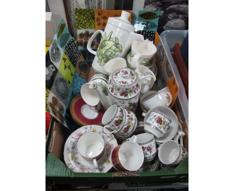 1950s Style Glass Plates (x 4). 'Orchard' coffee service, Aynsley, and other ceramics:- One Box.NO VISIBLE CHIPS, CRACKS OR R