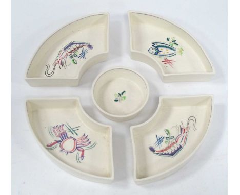 Poole Pottery Hors D'oeuvres Dish, with four segments surrounding a circular centre, stylised floral decoration 29cm diameter