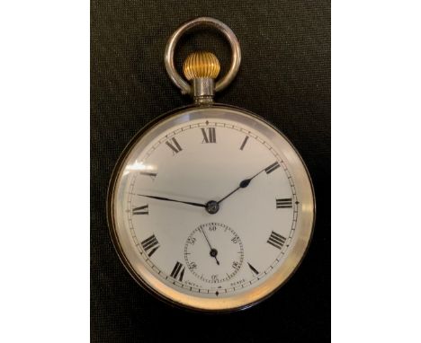 A continental 925 silver open face pocket watch, white enamel dial, stem wind movement, import marks, London 1919, 49mm diame