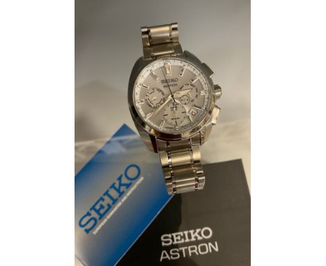 Seiko - an Astron Solar GPs titanium dual time sport wristwatch, 5X53-0AV0, R-R-skW-5X, silvered dial, three subsidiary regis