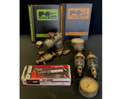 Tools &amp; Automobilia - vintage Ferguson service book and parts binders;  Air Ratchet;  Lucas carbide lamp;  pressure gauge
