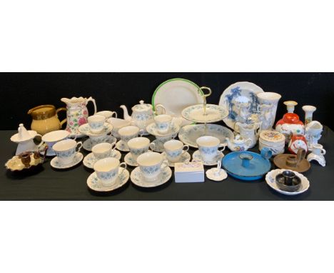 Ceramics - A Colclough tea ware, Wedgwood Angela vase, Aynsley tea cup and saucer, enamel chamberlain stick; etc 