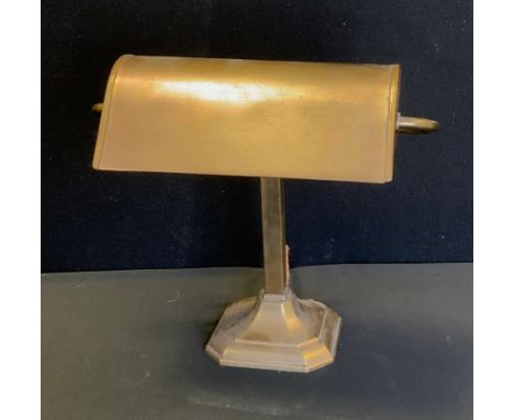 A bankers desk lamp, adjustable shade, square column, canted octagonal foot, 29cm high, 31cm wide 