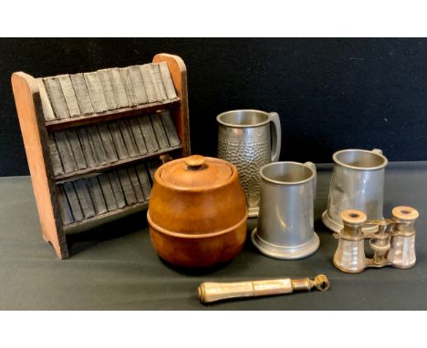 Books - Miniature books rack with thirty six Shakespeare books, Allied Newspapers;  treen tea caddy,  pewter tankards etc 