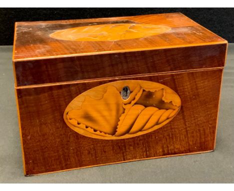 A George III walnut veneered tea caddy, boxwood stringing, and inlaid with conch shell patera to top of lid, and front, 11.5c