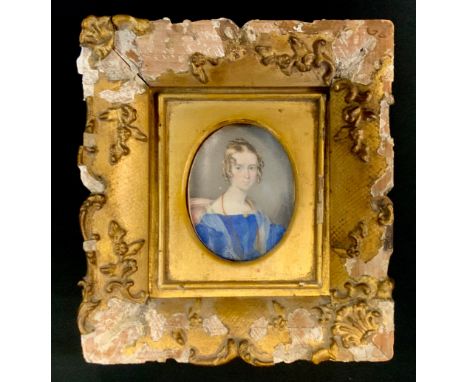 A portrait miniature - English school, early 19th century, a young lady wearing a blue dress and white lace shawl with ringle