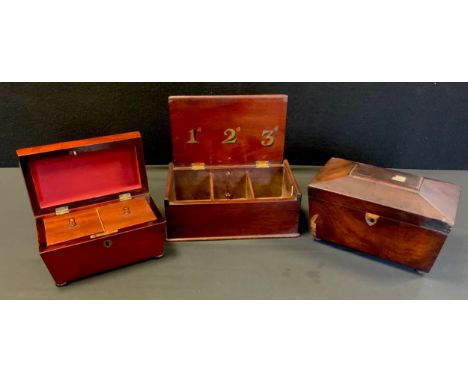 Boxes and objects - a mahogany pub or ‘men’s’ club cigar box, hinged lift-up lid revealing three compartment interior with pr