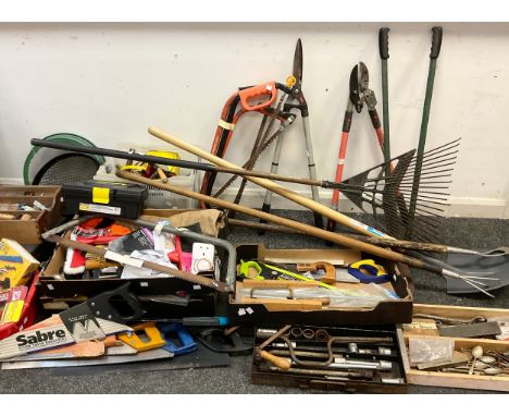 Tools - woodworking and garden - spanners, saws, mitre jig, staplers, shovel, garden fork, etc, qty. 