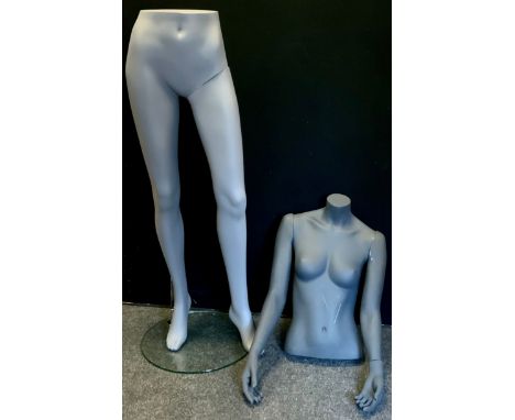 A two section Hans Boodt shop display mannequin, separates as female torso and legs, with base 