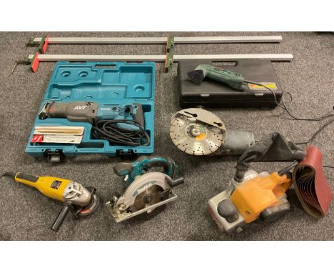 Tools and machinery - A Makita AVT Orbital Action Reciprocating Saw, with extra blades, cased;  Makita circular saw;  Clarke 
