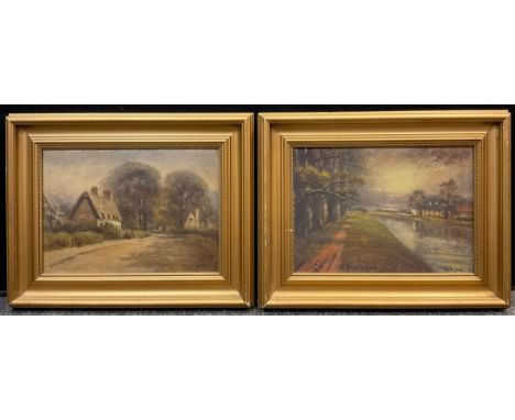 G Tyson (late 19th/early 20th century), a pair, Playing Outside the Cottage &amp; Looking Down The Canal, signed, oils on boa