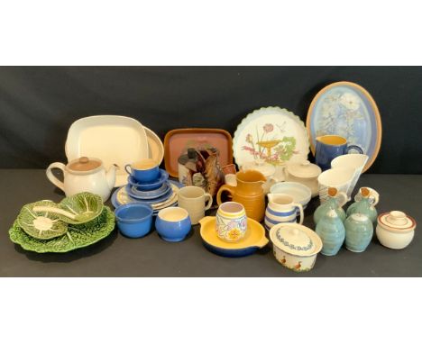 Ceramic kitchen ware - A pair of white lidded le cruset soup bowls; large blue water jug; Emma Bridgewater flan dish; novelty