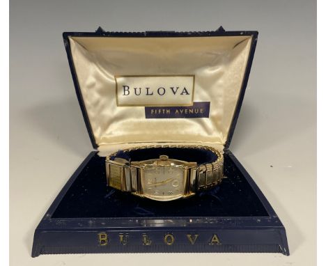 Bulova - a vintage gentleman's 10k rolled gold wristwatch, c. 1940/50, the shaped cushion case enclosing silvered dial with A