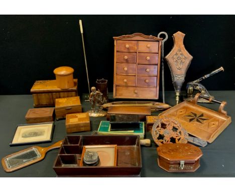 Boxes and Objects, green, and cooper, etc - Early 20th century jewellery and trinket boxes, art deco dust pan, alter taper ho