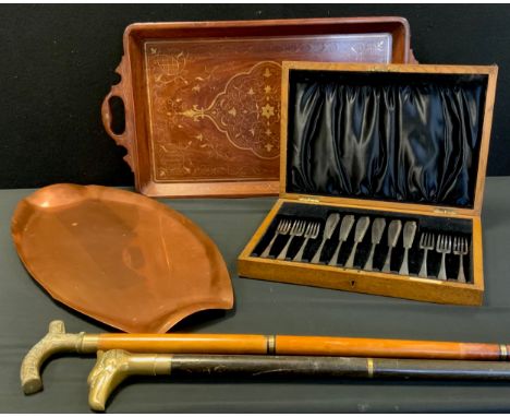 Boxes &amp; Objects - novelty brass liquor flack walking stick;  another stock;  Elkington &amp; Co epns fish set;  Rhodesian