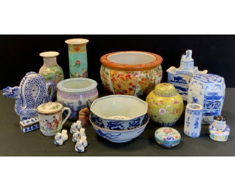 A Chinese cylinder vase, decorated with figures on a turquoise ground;  ginger jar and cover, Dragon Teapot, planter, bowls, 