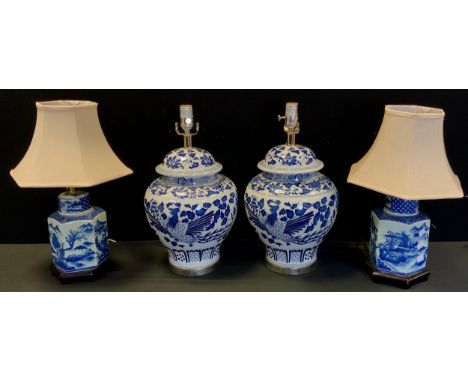 Lighting - A pair of modern blue and white baluster shaped lamp transfer print of phoenix and flowers, 38cm high(without shad